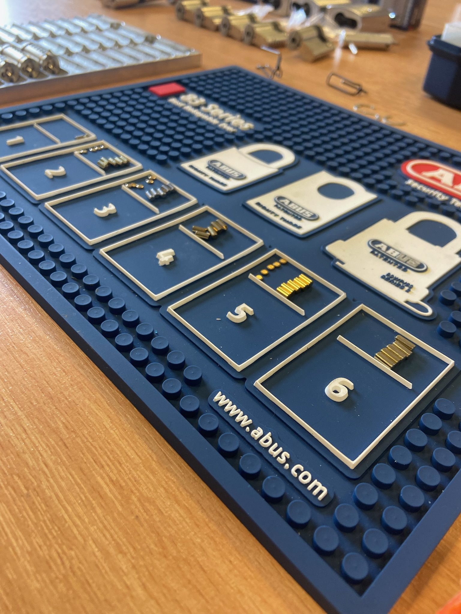 Pins on a pinning mat in preperation for a master key suite Master key suites built by pick me locksmith.